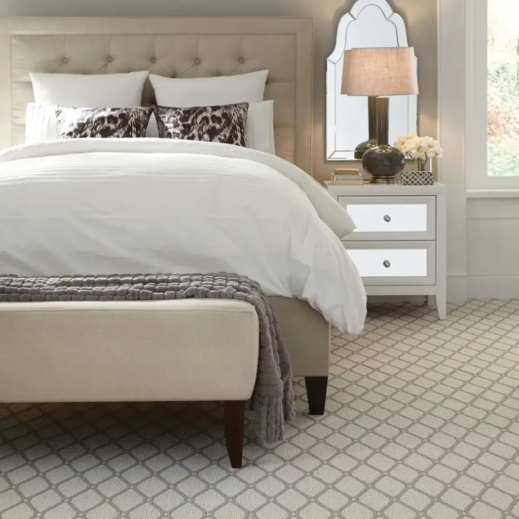 White and gray patterned carpet in a bedroom | Philadelphia Flooring Solutions